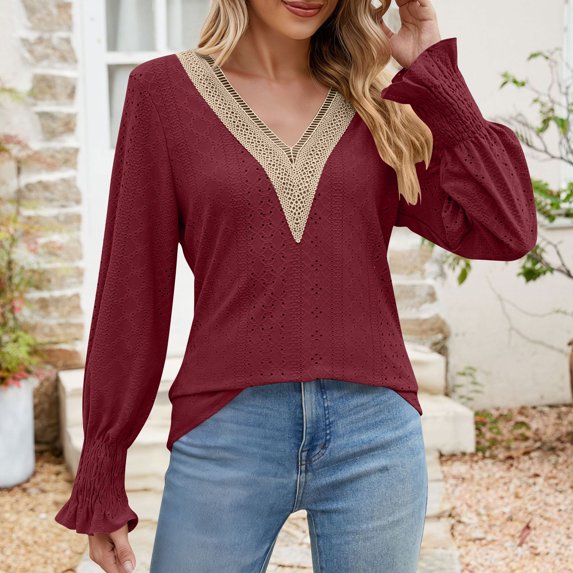 LEKWK Lace Tops for Women Loose Fit V-Neck Boho Tops Long Lantern Sleeve Blouses Eyelet Crochet Hollow out Spring Summer Wear