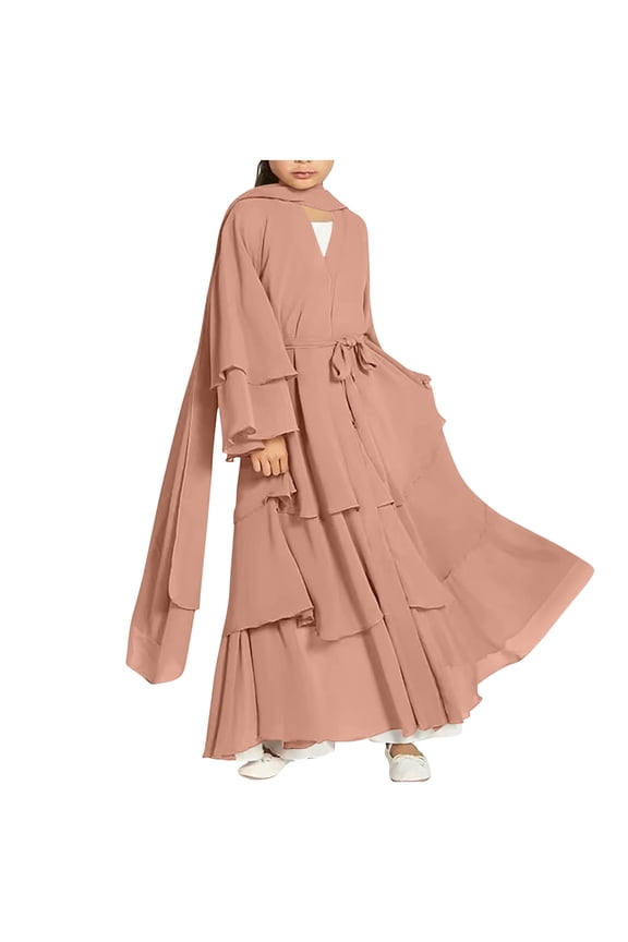 Layered Ruffle Abaya Set for Kids Girls Long Sleeve Maxi Dress Hijab Scarf Islamic Prayer Clothing Modest Muslim Robe Eid Ramadan Outfit