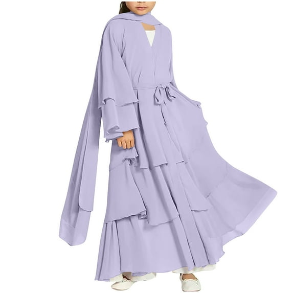 LEKWK Layered Ruffle Abaya Set for Kids Girls Long Sleeve Maxi Dress Hijab Scarf Islamic Prayer Clothing Modest Muslim Robe Eid Ramadan Outfit