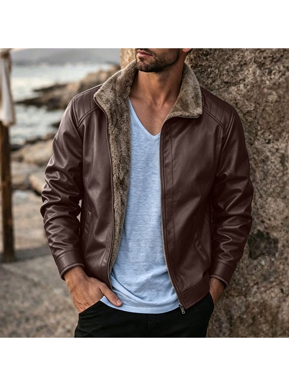 Leather Jacket Men Faux Fleece Lined Boomer Jackets Warm Zip up Winter Flight Jacket Casual Collar Flight Coat with Pockets Party Work Outdoors Outfits