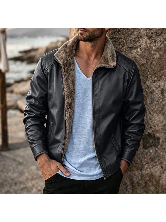Leather Jacket Men Faux Fleece Lined Boomer Jackets Warm Zip up Winter Flight Jacket Casual Collar Flight Coat with Pockets Party Work Outdoors Outfits