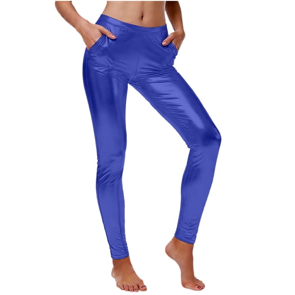 LEKWK Leather Pants for Women Slim Fit Shiny Stretchy High Waisted Faux Leather Pants Sleek Chic Pleather Pants with Pockets for Party Club Night