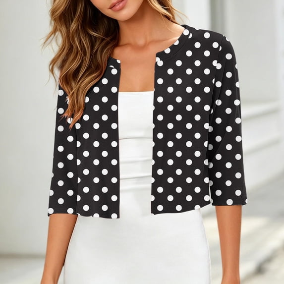 LEKWK Lightweight Cardigans for Women Loose Fit 3/4 Sleeve Polka Dot Cropped Tops 3/4 Sleeve Open Front Comfy Shrugs Fashion Daily Outfits for Dresses