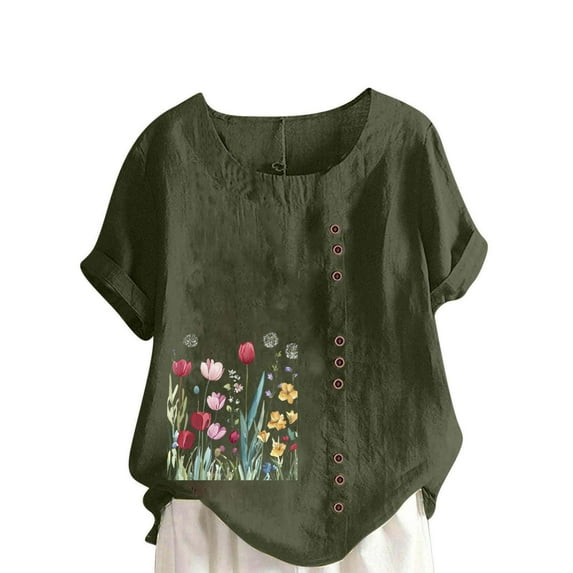 LEKWK Linen Blouses for Women Tulip Floral Print Crew Neck Oversized Tees Summer Blouses Garden Graphic Side Button Spring Garden Outfits