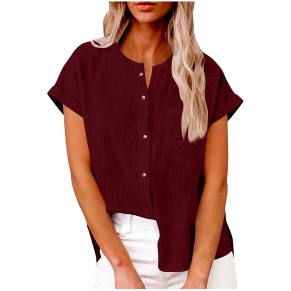 LEKWK Linen Button Down Shirt Women Classic Fit Collarless Work Tops Cuffed Short Sleeve Basic Tops Chest Pocket Business Casual Office Wear