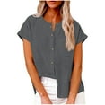 thumbnail image 1 of LEKWK Linen Button Down Shirt Women Classic Fit Collarless Work Tops Cuffed Short Sleeve Basic Tops Chest Pocket Business Casual Office Wear, 1 of 7