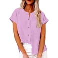 thumbnail image 1 of LEKWK Linen Button Down Shirt Women Classic Fit Collarless Work Tops Cuffed Short Sleeve Basic Tops Chest Pocket Business Casual Office Wear, 1 of 7