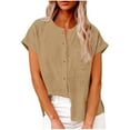 thumbnail image 1 of LEKWK Linen Button Down Shirt Women Classic Fit Collarless Work Tops Cuffed Short Sleeve Basic Tops Chest Pocket Business Casual Office Wear, 1 of 7