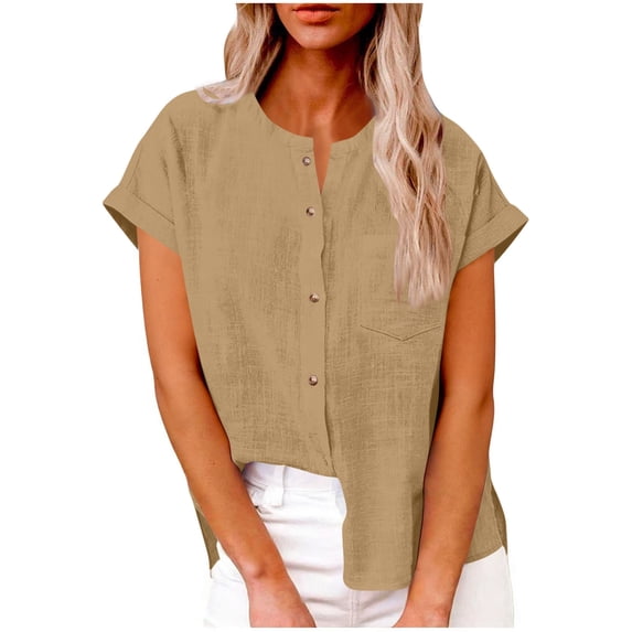 LEKWK Linen Button Down Shirt Women Classic Fit Collarless Work Tops Cuffed Short Sleeve Basic Tops Chest Pocket Business Casual Office Wear