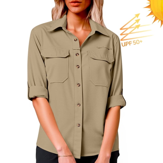 LEKWK Hiking Clothes for Women Button Down Long Sleeve Sun Shirt Roll up Sleeve Safari Tops Outdoor UV Protection Shirts Lightweight Breathable Work Wear