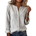 thumbnail image 1 of LEKWK Linen Button Down Shirt Women Solid Split V Neck Long Sleeve Tops Work Shirts Casual Basic Tops Loose Fit Plain Soft Office Business Wear, 1 of 3
