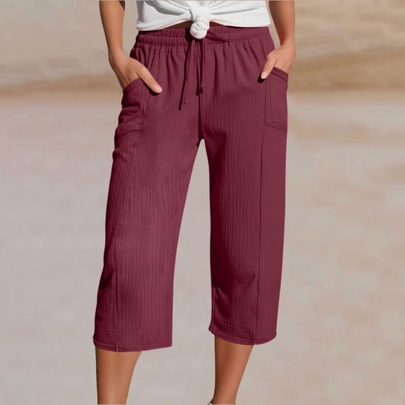 LEKWK Linen Capris for Women with Pockets Lightweight Wide Leg Capri Pants Cropped Length Drawstring Elastic Wasit Pants Loose Fit Beach Vacation Summer Bottoms Purple XXL