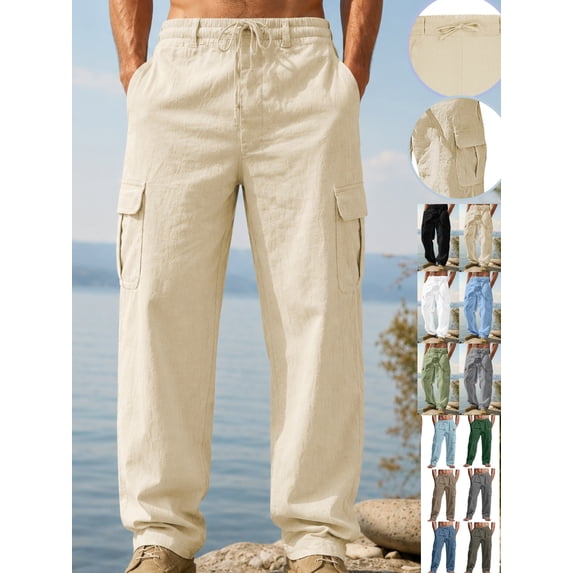 LEKWK Linen Cargo Pants for Men Wide Leg Hiking Elastic Waist Utility Pants Multi Pockets Drawstring Full Length Baggy Hiking Work Outdoor Wear Beige XL