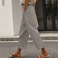thumbnail image 1 of LEKWK Linen Crop Pants for Women Elastic Waist Casual Wide Leg Pants Loose Fit Solid Comfy Palazzo Bottoms with Pockets Fashion Beach Vacation Outfits, 1 of 7