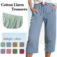 thumbnail image 1 of LEKWK Linen Crop Pants for Women Wide Leg Lightweight Elastic Waist Capri Pants with Pockets Drawstring Cropped Length Loose Fit Beach Vacation Lounge Wear Blue S, 1 of 6