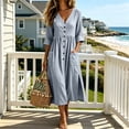 thumbnail image 1 of LEKWK Linen Dress Women 3/4 Sleeve V Neck Button Front Maxi Dress Loose Flowy Side Slit Pleated Sundress with Pockets Summer Beach Vacation Boho Outfit, 1 of 6