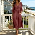 thumbnail image 1 of LEKWK Linen Dress Women 3/4 Sleeve V Neck Button Front Maxi Dress Loose Flowy Side Slit Pleated Sundress with Pockets Summer Beach Vacation Boho Outfit, 1 of 6