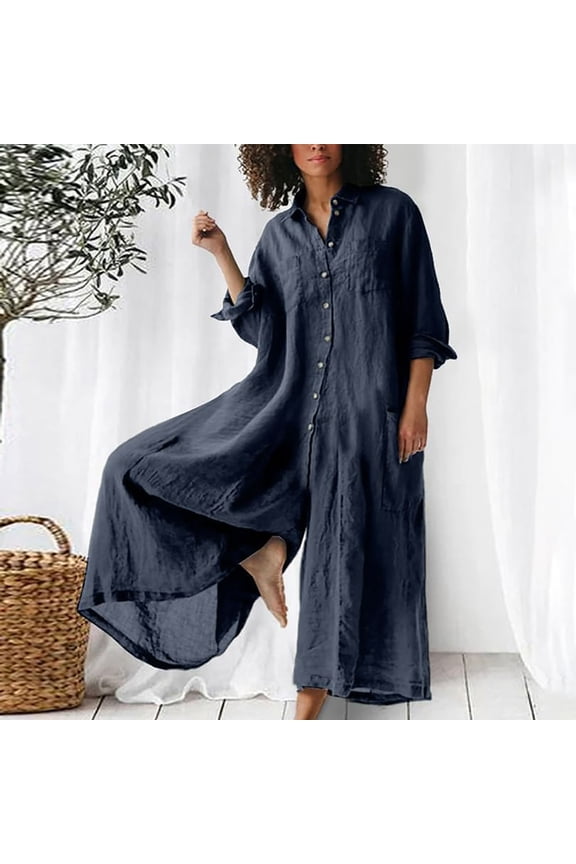 Linen Jumpsuits for Women Long Sleeve V Neck Button Down Rompers Lightweight Baggy Wide Leg Jumpsuits Summer Casual Beach Palazzo Pants
