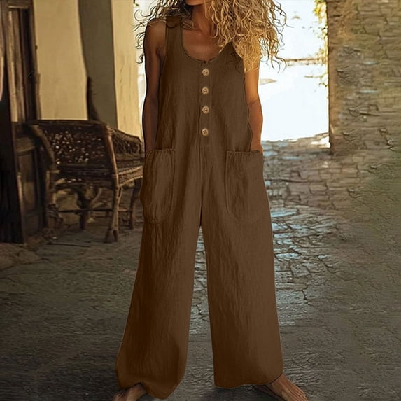 LEKWK Linen Jumpsuits for Women Sleeveless Button Down Wide Leg Rompers Lightweight Casual Loose Fit Overalls with Pockets Summer Fashion Outfits