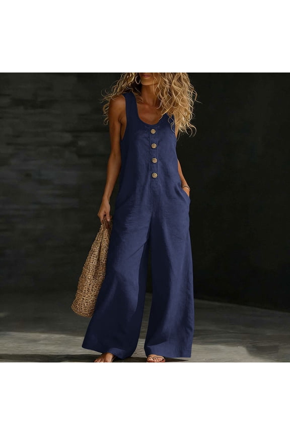 Linen Jumpsuits for Women Sleeveless Crewneck Casual Wide Legs Rompers Button Down Loose Fit Overall with Pockets Summer Fashion Outfits