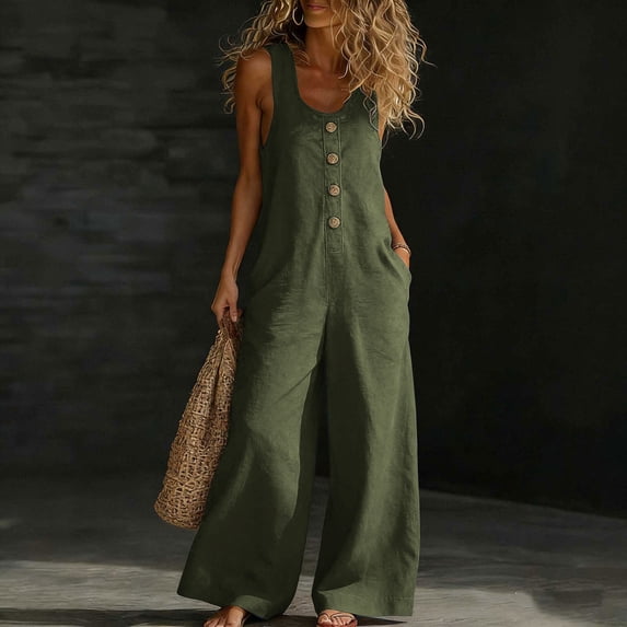 LEKWK Linen Jumpsuits for Women Sleeveless Crewneck Casual Wide Legs Rompers Button Down Loose Fit Overall with Pockets Summer Fashion Outfits