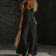 thumbnail image 1 of LEKWK Linen Jumpsuits for Women Sleeveless Crewneck Casual Wide Legs Rompers Button Down Loose Fit Overall with Pockets Summer Fashion Outfits, 1 of 9