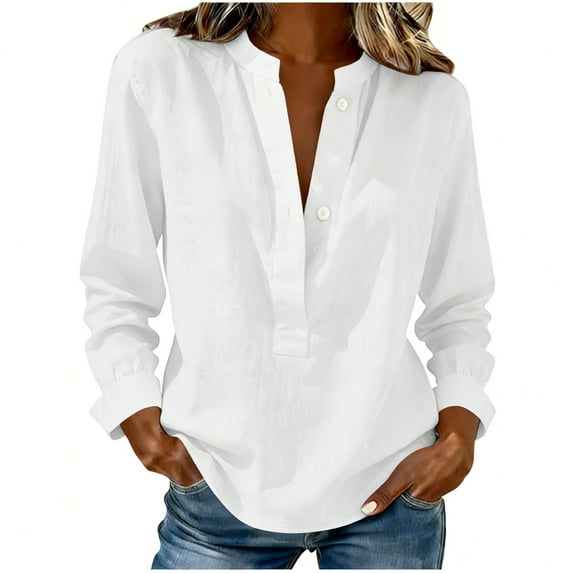 LEKWK Linen Long Sleeve Shirt Women Relaxed Fit Split V Neck Tunic Tops Pullover Style Blouses & Button-Down Shirts Plain Layering Outfits