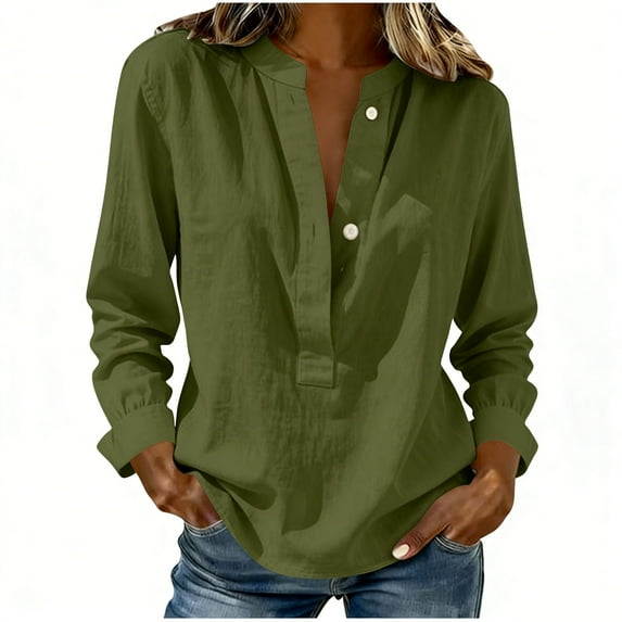 LEKWK Linen Long Sleeve Shirt Women Relaxed Fit Split V Neck Tunic Tops Pullover Style Blouses & Button-Down Shirts Plain Layering Outfits