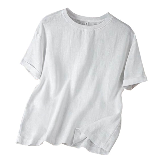 LEKWK Linen Mens Cotton T Shirts Soft Loose Fit Crew Neck Plain Tshirts Rolled Cuff Summer Shirts Solid Texture Casual Daily Breathable Lightweight