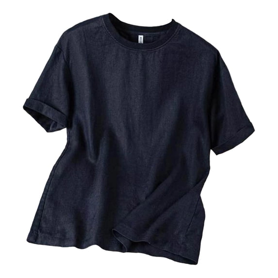 LEKWK Linen Mens Cotton T Shirts Soft Loose Fit Crew Neck Plain Tshirts Rolled Cuff Summer Shirts Solid Texture Casual Daily Breathable Lightweight