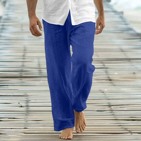 LEKWK Linen Pants for Men Loose Fit Drawstring Elastic Waist Lightweight Breathable Casual Beach Pants with Pockets for Summer Vacation Lounge Everyday Wear Dark Blue XXL