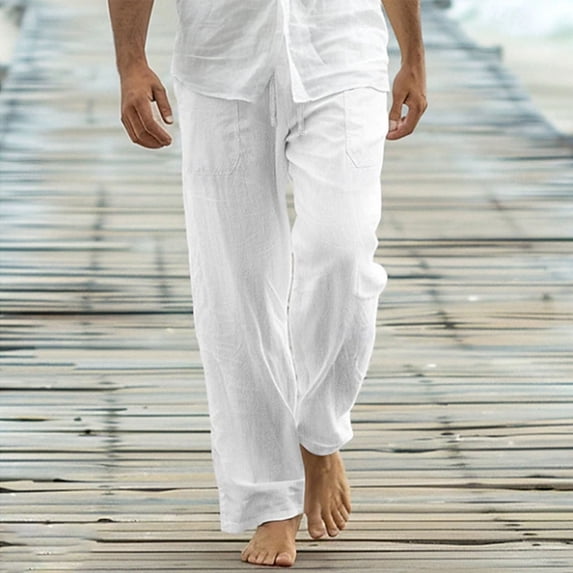 LEKWK Linen Pants for Men Loose Fit Drawstring Elastic Waist Lightweight Breathable Casual Beach Pants with Pockets for Summer Vacation Lounge Everyday Wear White S