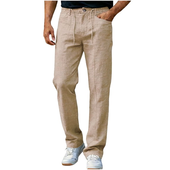 LEKWK Linen Pants for Men Regular Fit Breathable Linen Fabric Casual Pants Elastic Drawstring Waist Beach Pants Lightweight Straight Leg Summer Outfits
