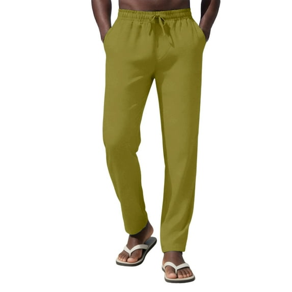LEKWK Linen Pants for Men Slim Fit Breathable Lightweight Fabric Summer Beach Style Casual Pants Elastic Waist Drawstring Yoga Pants Vacation Outfits Wear
