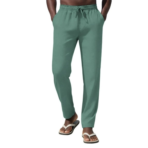 LEKWK Linen Pants for Men Slim Fit Breathable Lightweight Fabric Summer Beach Style Casual Pants Elastic Waist Drawstring Yoga Pants Vacation Outfits Wear