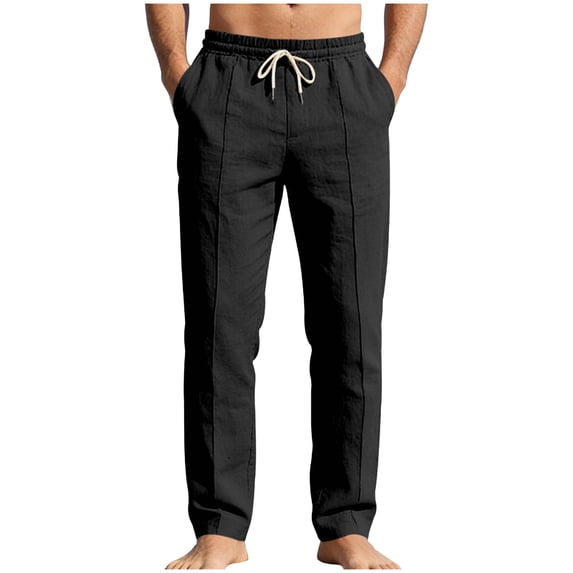 LEKWK Linen Pants for Men Slim Fit Breathable Soft Texture Casual Style Beach Pants Adjustable Drawstring Elastic Waistband Workout Pants Summer Outfits