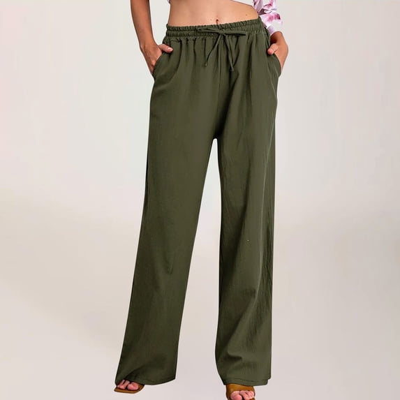 LEKWK Linen Pants Women Drawstring Elastic Waist Wide Leg Pants Loose Fit Stretchy Flowy Palazzo Pants with Pockets Summer Beach Vacation Clothes