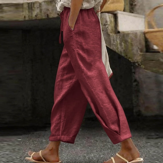 LEKWK Linen Pants Women Lightweight Elastic Drawstring Waist Casual Wide Leg Pants Summer Vacation Beach Lounge Pants with Pockets