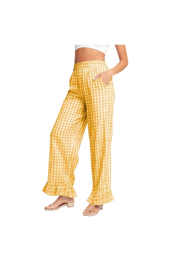 Linen Pants Women Loose Fit Checkered Gingham Print Wide Leg Pants Ruffle Hem Detail Casual Pants for Summer Beach Vacation Daily Wear