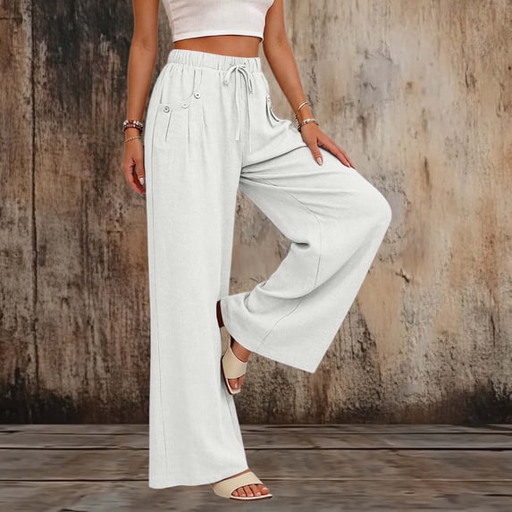 LEKWK Linen Pants for Women Wide Leg Lightweight High Waisted Flowy Pant Drawstring Elastic Waist Pants with Pockets Full Length Loose Lounge Pants Beach Vacation Wear White L