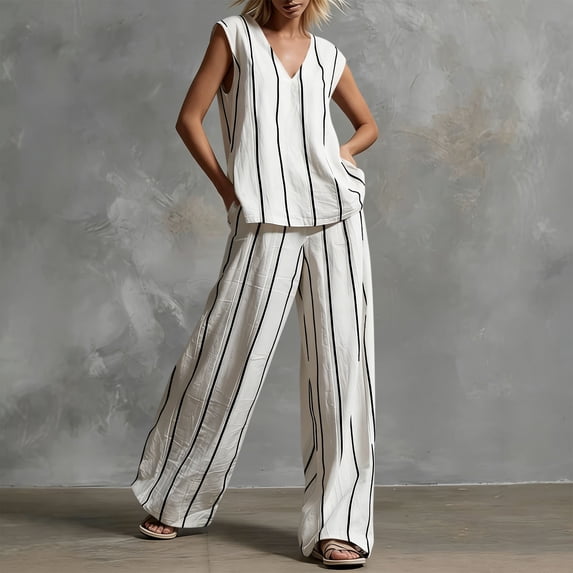 LEKWK Linen Sets for Women 2 Piece Striped Sleeveless V Neck Casual Tank Top and High Waisted Loose Fit Wide Leg Pants Summer Loungewear Beach Travel Sets