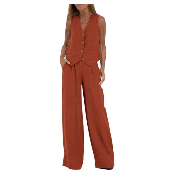 LEKWK Linen Sets for Women 2 Piece Button Down V Neck Sleeveless Blazer Vest and High Waisted Wide Leg Pants Business Casual Work Office Sets