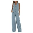 thumbnail image 1 of LEKWK Linen Sets for Women 2 Piece Button Down V Neck Sleeveless Blazer Vest and High Waisted Wide Leg Pants Business Casual Work Office Sets, 1 of 5