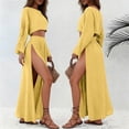 thumbnail image 1 of LEKWK Linen Sets for Women 2 Piece Long Sleeve Crewneck Crop Tops High Slit Flowy Maxi Skirts Summer Fashion Boho Beach Vacation Outfits, 1 of 8