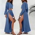 thumbnail image 1 of LEKWK Linen Sets for Women 2 Piece Long Sleeve Crewneck Crop Tops High Slit Flowy Maxi Skirts Summer Fashion Boho Beach Vacation Outfits, 1 of 8