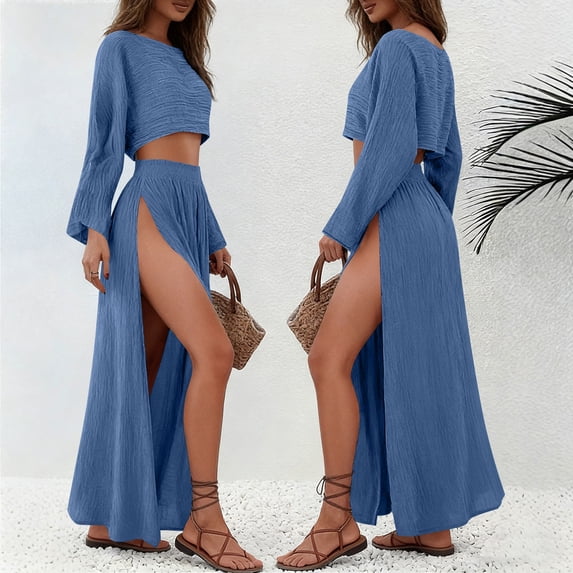 LEKWK Linen Sets for Women 2 Piece Long Sleeve Crewneck Crop Tops High Slit Flowy Maxi Skirts Summer Fashion Boho Beach Vacation Outfits