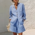thumbnail image 1 of LEKWK Linen Sets for Women 2 Piece Long Sleeve V Neck Button Down Tops and High Waisted Shorts with Pockets Summer Solid Casual Travel Vacation Sets, 1 of 7