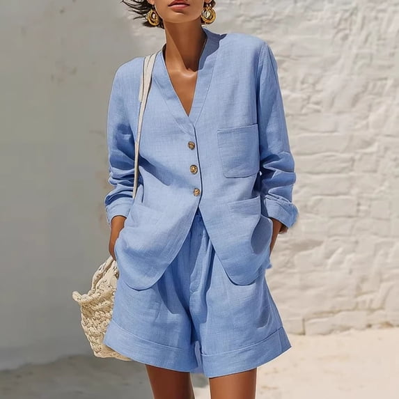 LEKWK Linen Sets for Women 2 Piece Long Sleeve V Neck Button Down Tops and High Waisted Shorts with Pockets Summer Solid Casual Travel Vacation Sets