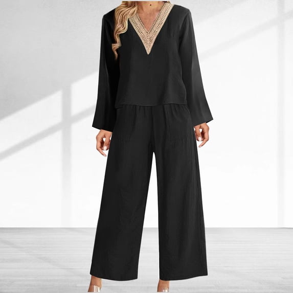 LEKWK Linen Sets for Women 2 Piece Long Sleeve V Neck Loose Fit Tops and High Waisted Wide Leg Pants Summer Fashion Beach Casual Resort Outfits