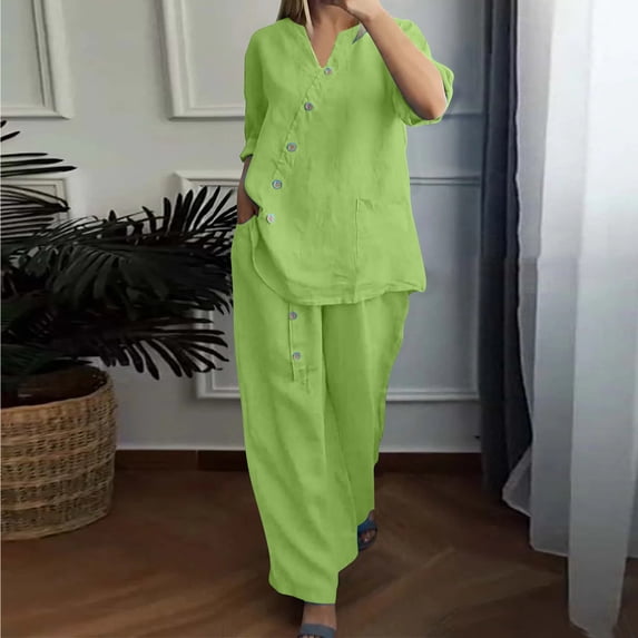 LEKWK Linen Sets for Women 2 Piece Plus Size 3/4 Sleeve V Neck Button Tops and Wide Leg Pants Summer Solid Casual Travel Vacation Outfits